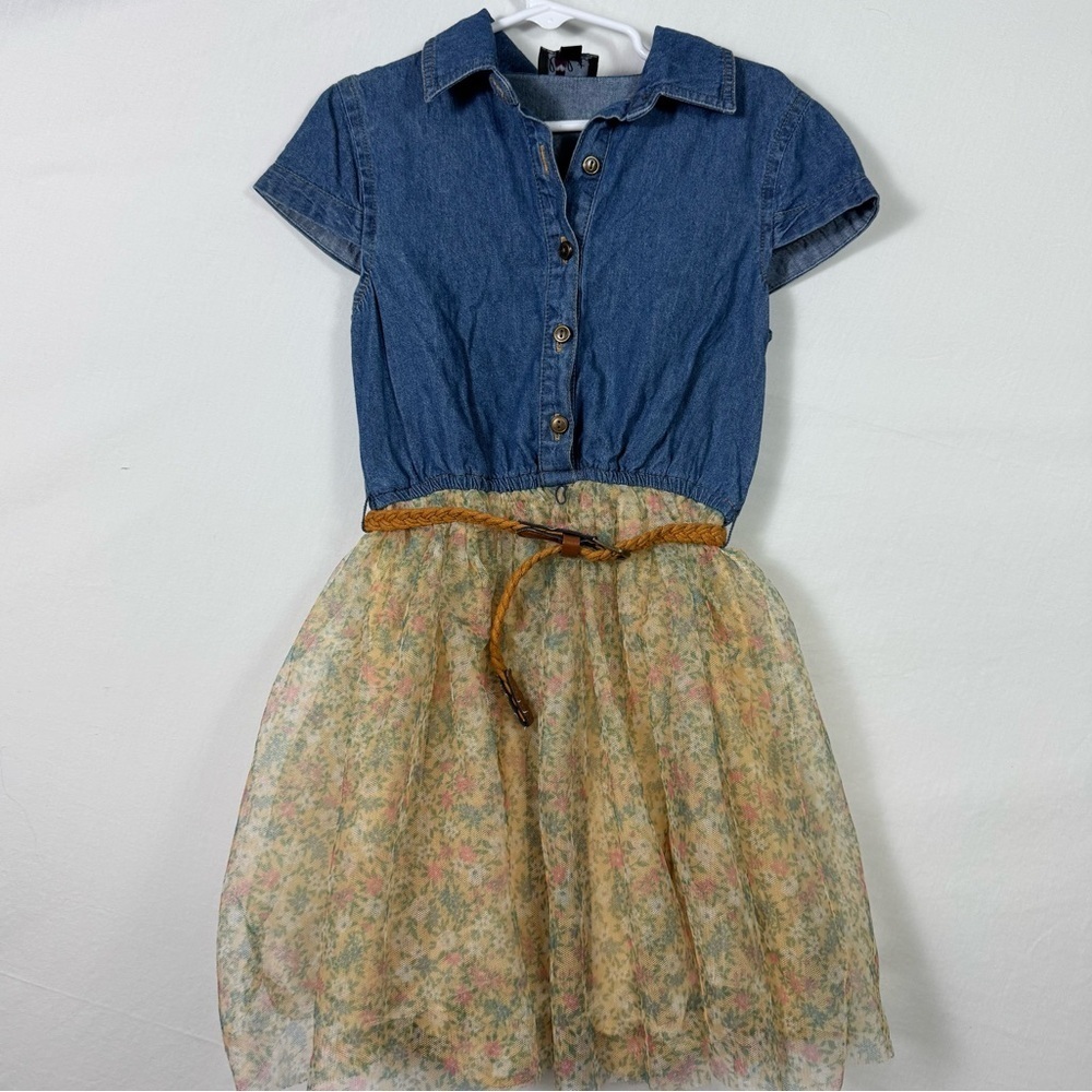Lilt Denim Dress with a Floral Skirt and Belt Girls Size 7